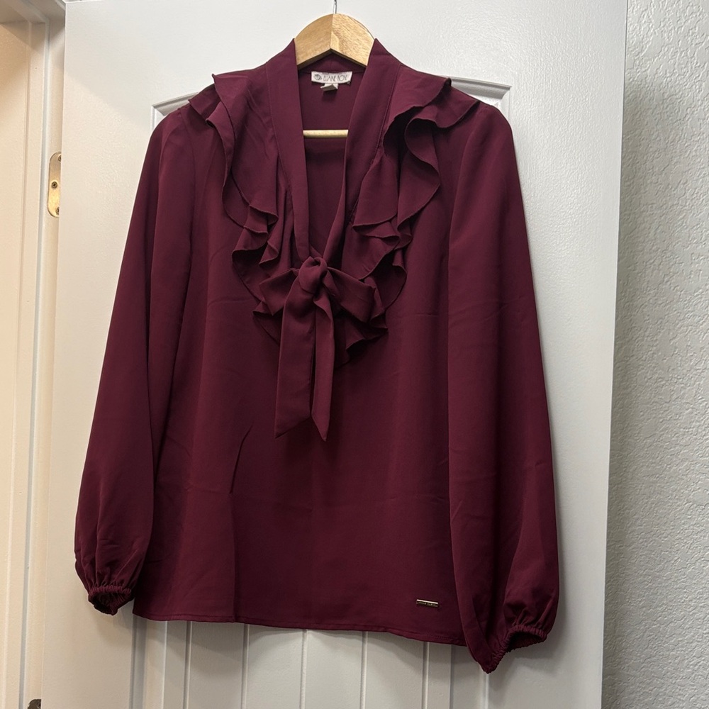 Elaine Rose Ruffled Tie-Neck Blouse in Wine